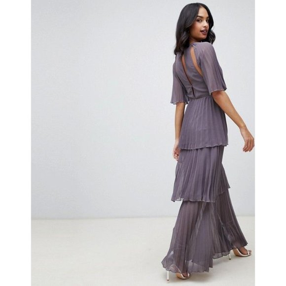 π₯SPECTACULARπ₯ Nordstrom Asos Soft Pleated Tiered Maxi Dress in Gray Lilac - Picture 2 of 10
